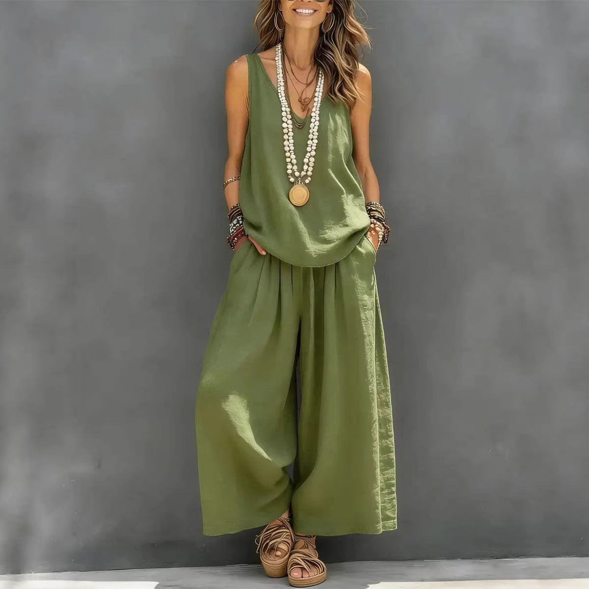 Women’s Cotton Linen Two Piece Set – Sleeveless Tank Top & Wide Leg Pants Summer Outfit (Casual Holiday Loungewear Set) + 🚚 Free Worldwide Shipping