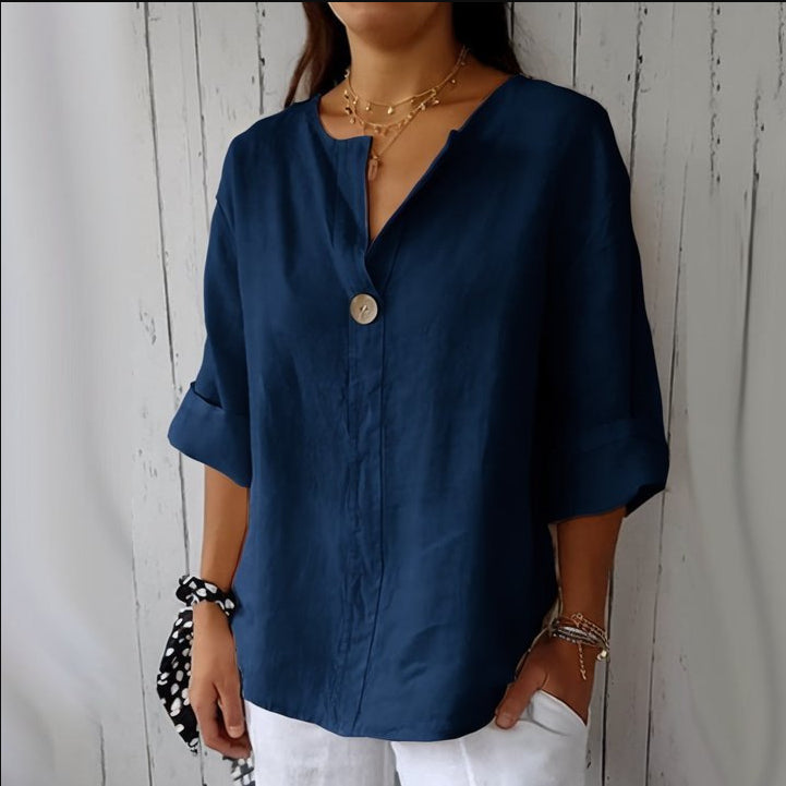 V-neck Long-sleeved T-shirt Fashion Loose Cotton And Linen Button Tops For Women + 🚚 Free Worldwide Shipping 🎉 Extra 30% OFF At Checkout