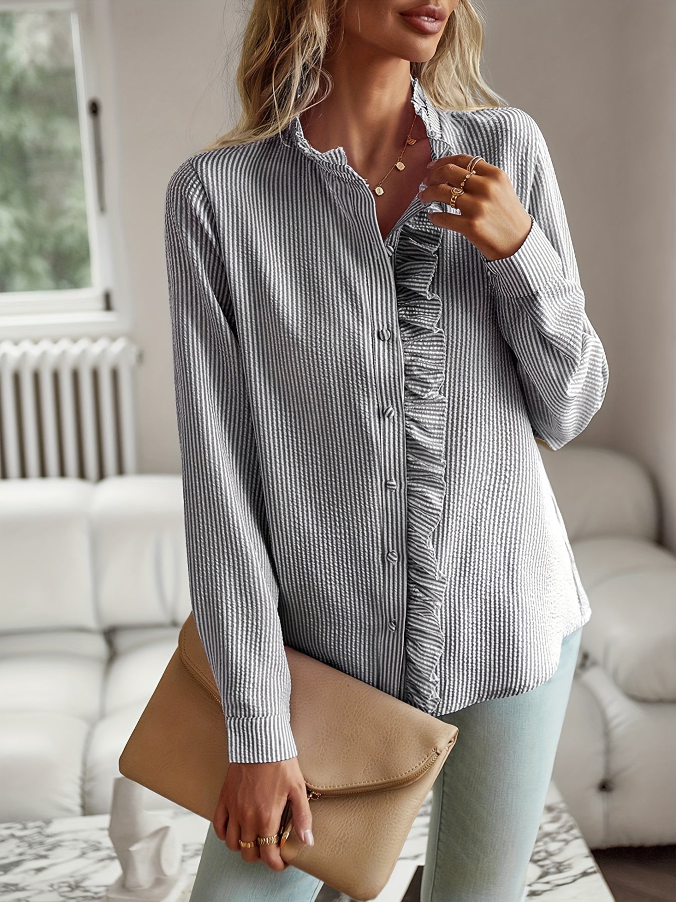 2026 New Western Style Cross-border Stand Collar Autumn Ruffled Cardigan Ruffle Long Sleeve Bubble Top Women's Shirt 🚚 Free Worldwide Shipping 🎉 Extra 30% OFF At Checkout