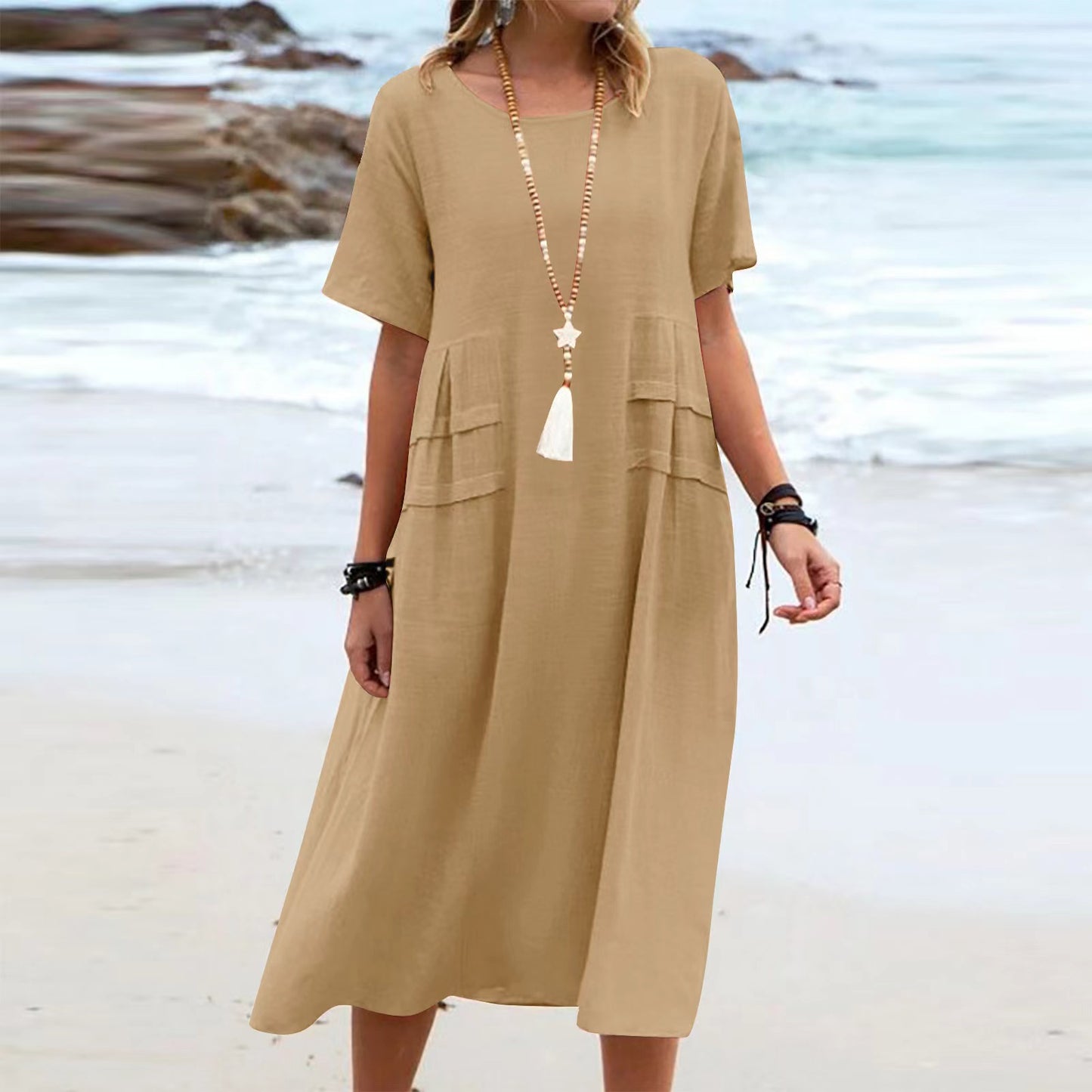 Women's Summer Loose Casual Midi Dress Breathable Cotton Linen Short-sleeve Mid-length Dresses Women Simple Beach Dress + 🚚 Free Worldwide Shipping 🎉 Extra 30% OFF At Checkout