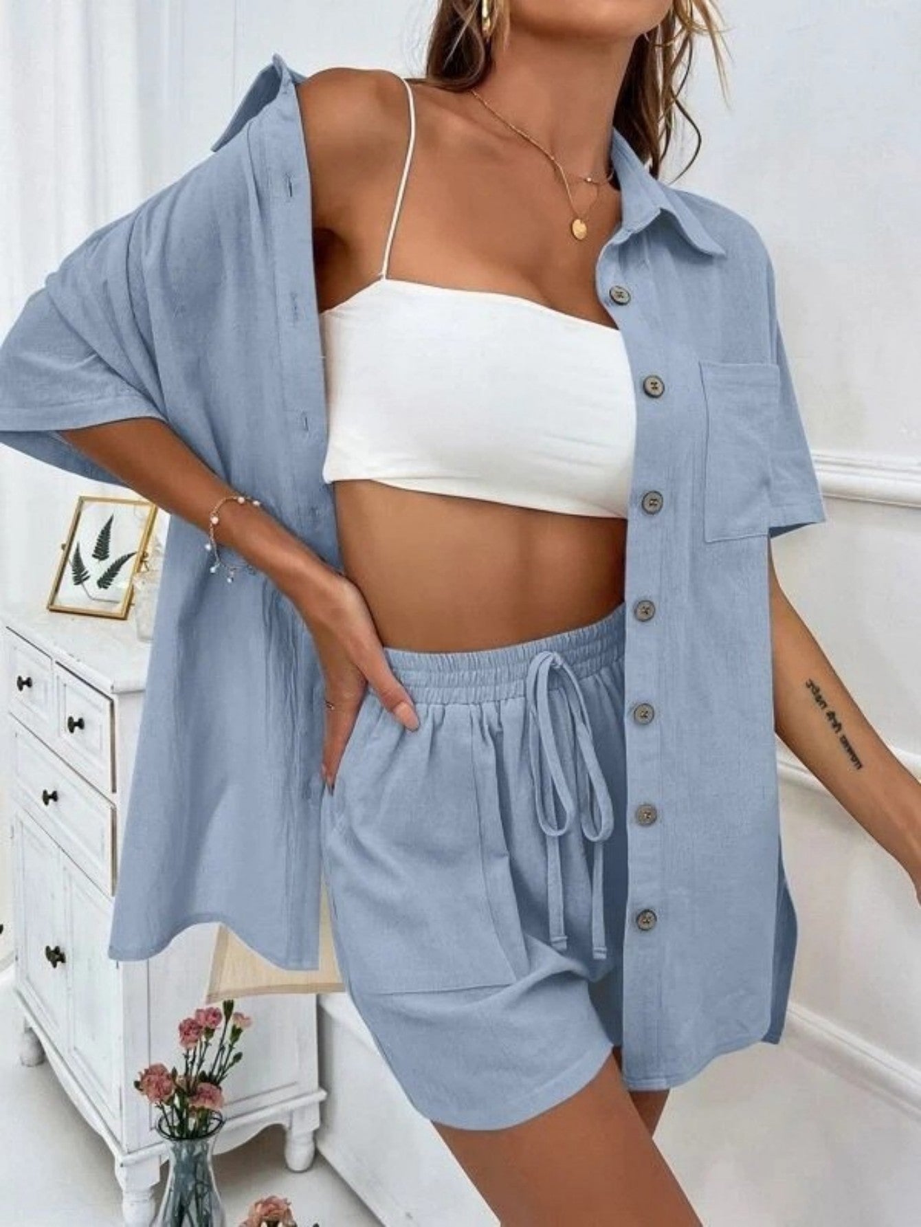 Cross-border Women's Amazon Hot-selling Distressed Cardigan Shorts Fashionable Elegant Casual Women's Set + 🚚 Free Worldwide Shipping