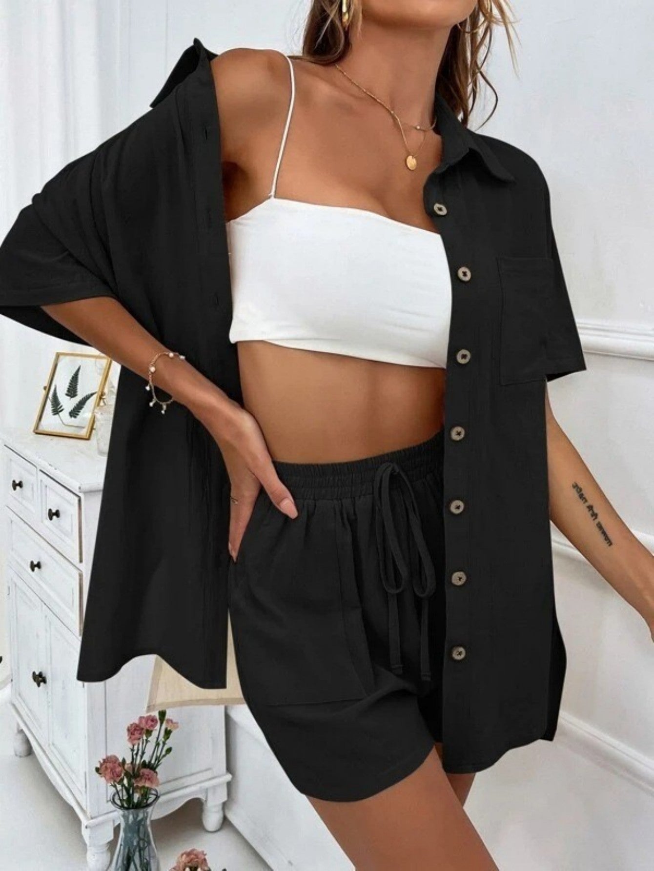 Cross-border Women's Amazon Hot-selling Distressed Cardigan Shorts Fashionable Elegant Casual Women's Set + 🚚 Free Worldwide Shipping
