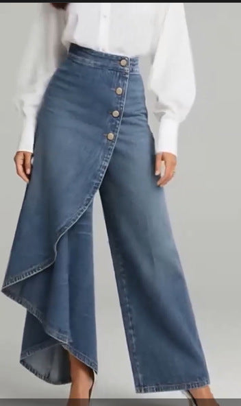 Women’s High-Waisted Straight Leg Faux Denim Pants – Ruffle Button Wide-Leg Trousers | Trendy Streetwear Jeans Alternative + 🚚 Free Worldwide Shipping 🎉 Extra 30% OFF At Checkout