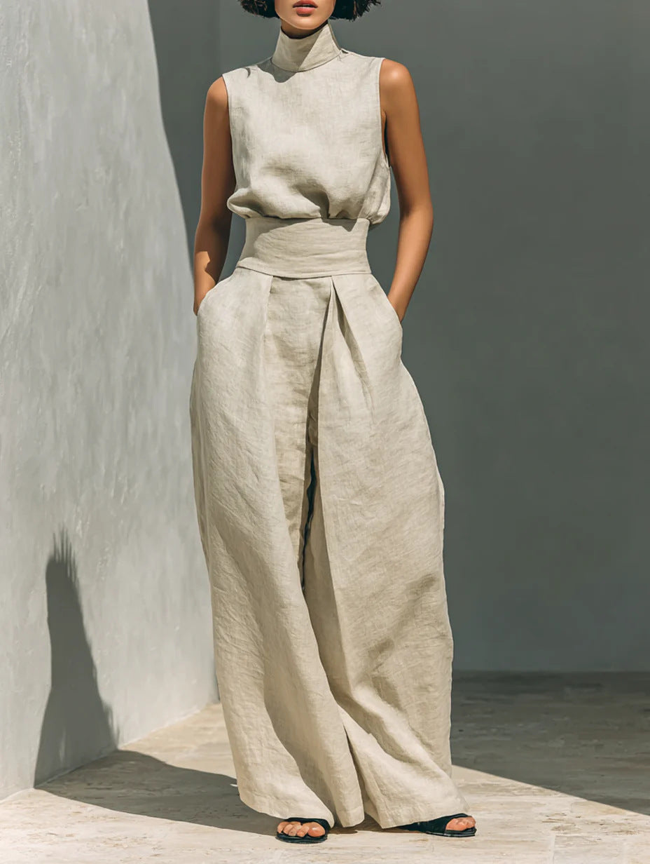 Casual Sleeveless Suit Summer Stand-up Collar Pullover Top And Loose Straight-leg Trousers Women's Clothing + 🚚 Free Worldwide Shipping 🎉 Extra 30% OFF At Checkout