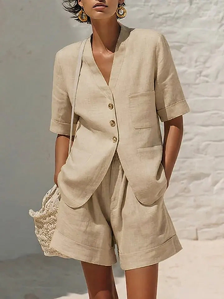 Women’s Cotton Linen Two-Piece Set – Loose Fit Summer Outfit, Breathable Matching Top & Cropped Pants + 🚚 Free Worldwide Shipping 🎉 Extra 30% OFF at Checkout