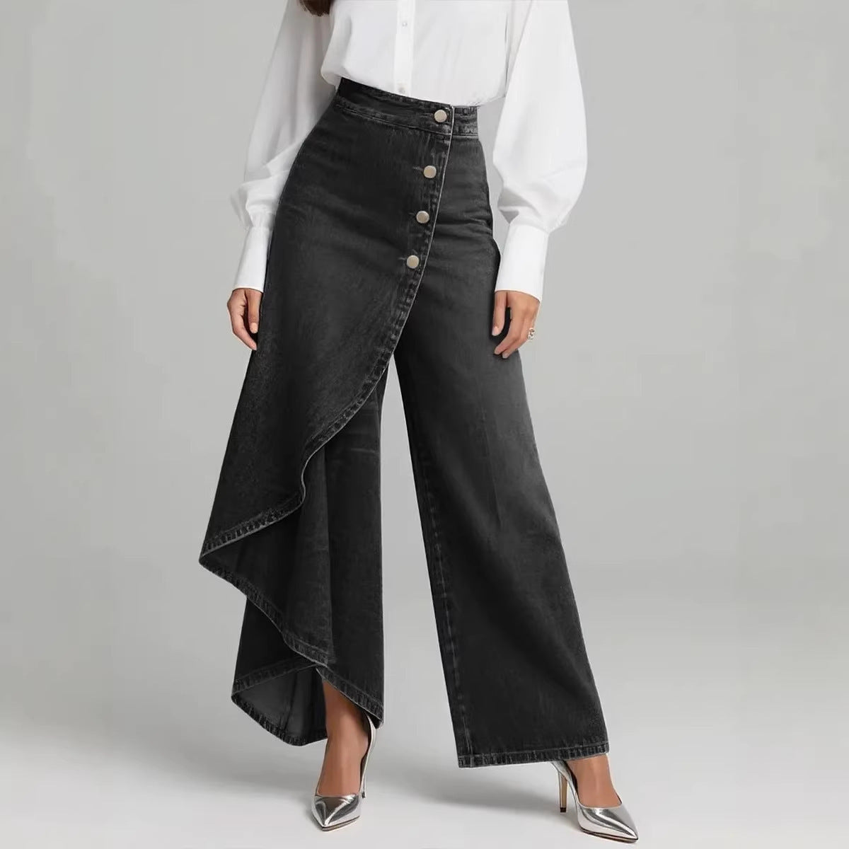 Women’s High-Waisted Straight Leg Faux Denim Pants – Ruffle Button Wide-Leg Trousers | Trendy Streetwear Jeans Alternative + 🚚 Free Worldwide Shipping 🎉 Extra 30% OFF At Checkout