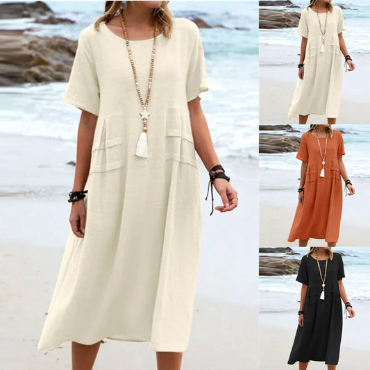 Women's Summer Loose Casual Midi Dress Breathable Cotton Linen Short-sleeve Mid-length Dresses Women Simple Beach Dress + 🚚 Free Worldwide Shipping 🎉 Extra 30% OFF At Checkout