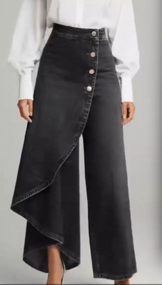 Women’s High-Waisted Straight Leg Faux Denim Pants – Ruffle Button Wide-Leg Trousers | Trendy Streetwear Jeans Alternative + 🚚 Free Worldwide Shipping 🎉 Extra 30% OFF At Checkout