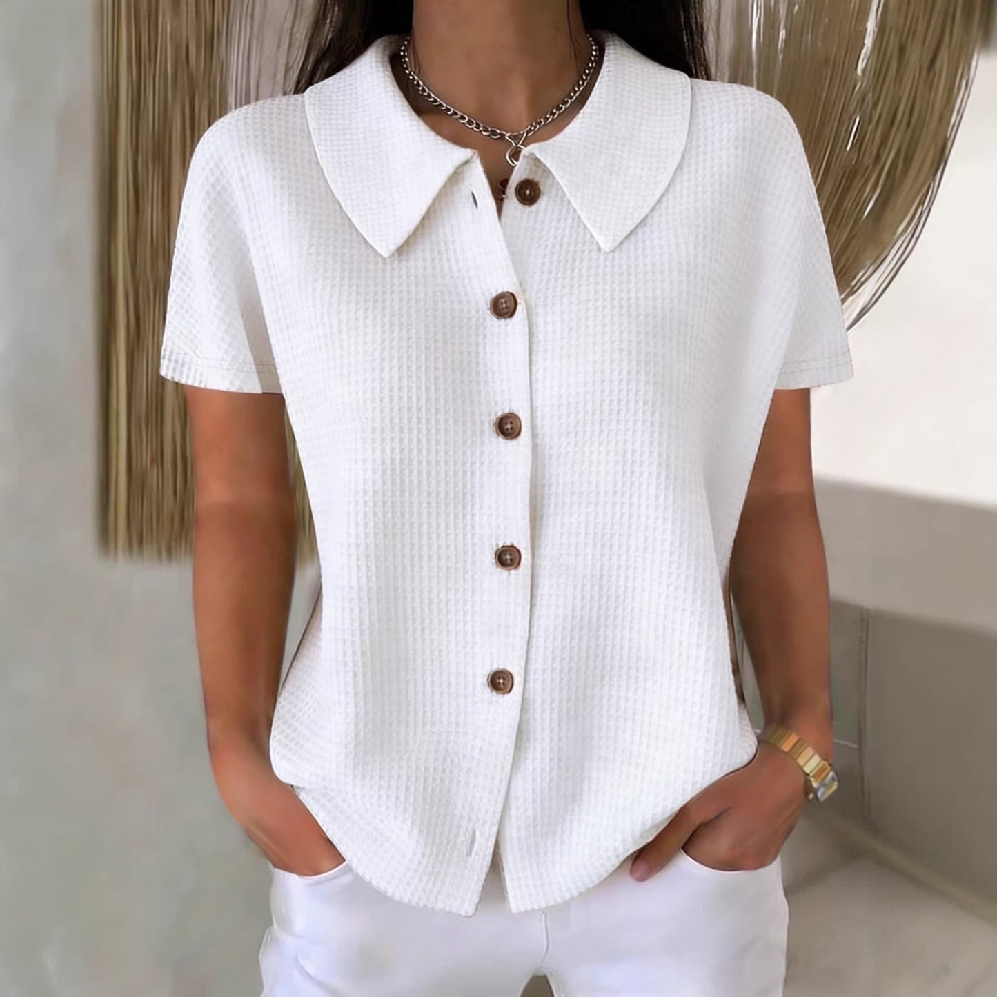 Turn-Down Collar Waffle Weave Solid Color Casual Loose Fit Short Sleeve Shirt - Women's Cotton Blend Lightweight Summer Top For Daily Wear + 🚚 Free Worldwide Shipping 🎉 Extra 30% OFF At Checkout