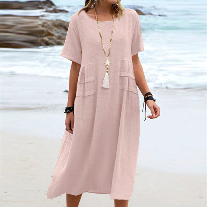 Women's Summer Loose Casual Midi Dress Breathable Cotton Linen Short-sleeve Mid-length Dresses Women Simple Beach Dress + 🚚 Free Worldwide Shipping 🎉 Extra 30% OFF At Checkout