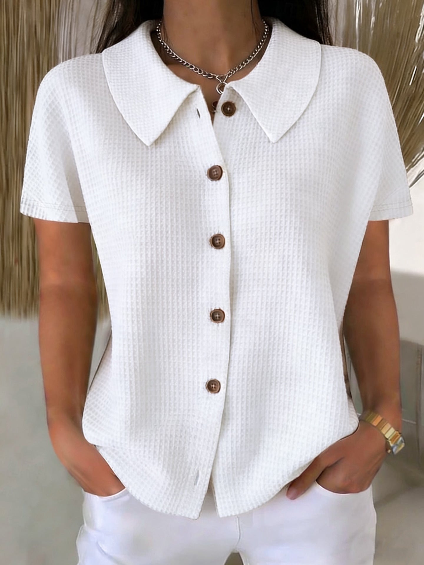 Turn-Down Collar Waffle Weave Solid Color Casual Loose Fit Short Sleeve Shirt - Women's Cotton Blend Lightweight Summer Top For Daily Wear + 🚚 Free Worldwide Shipping 🎉 Extra 30% OFF At Checkout