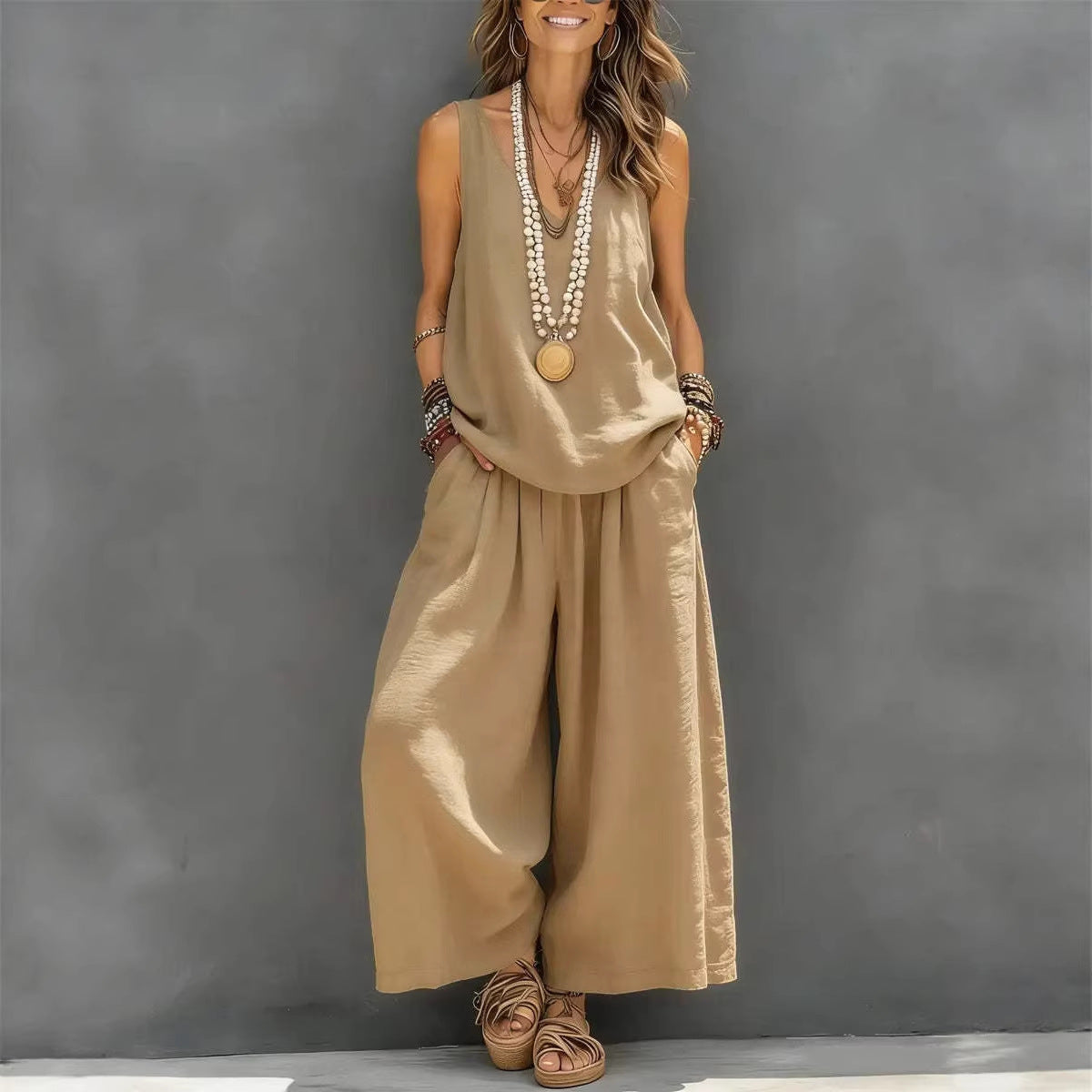 Women’s Cotton Linen Two Piece Set – Sleeveless Tank Top & Wide Leg Pants Summer Outfit (Casual Holiday Loungewear Set) + 🚚 Free Worldwide Shipping