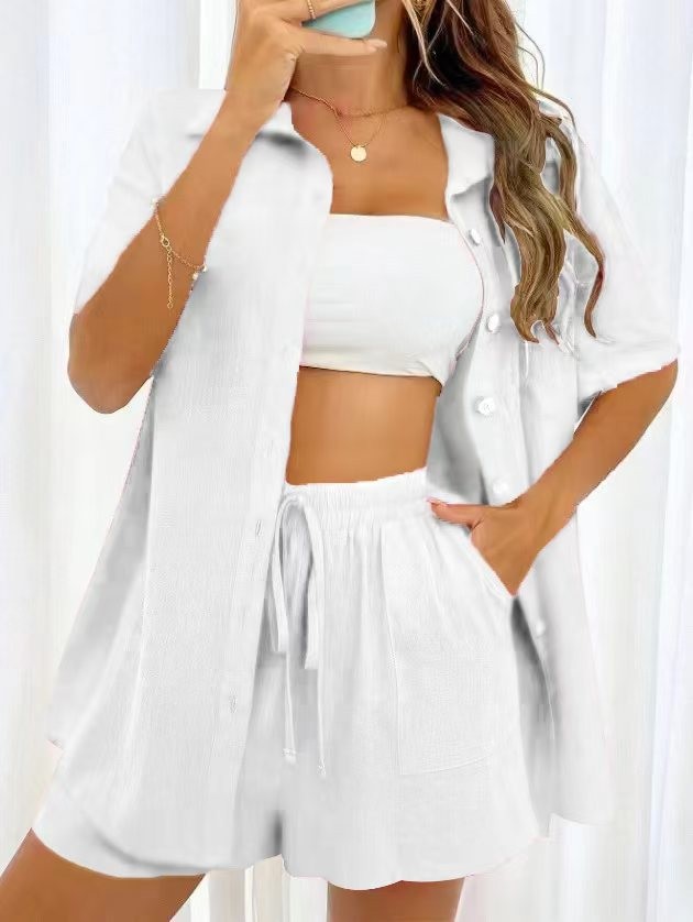Cross-border Women's Amazon Hot-selling Distressed Cardigan Shorts Fashionable Elegant Casual Women's Set + 🚚 Free Worldwide Shipping