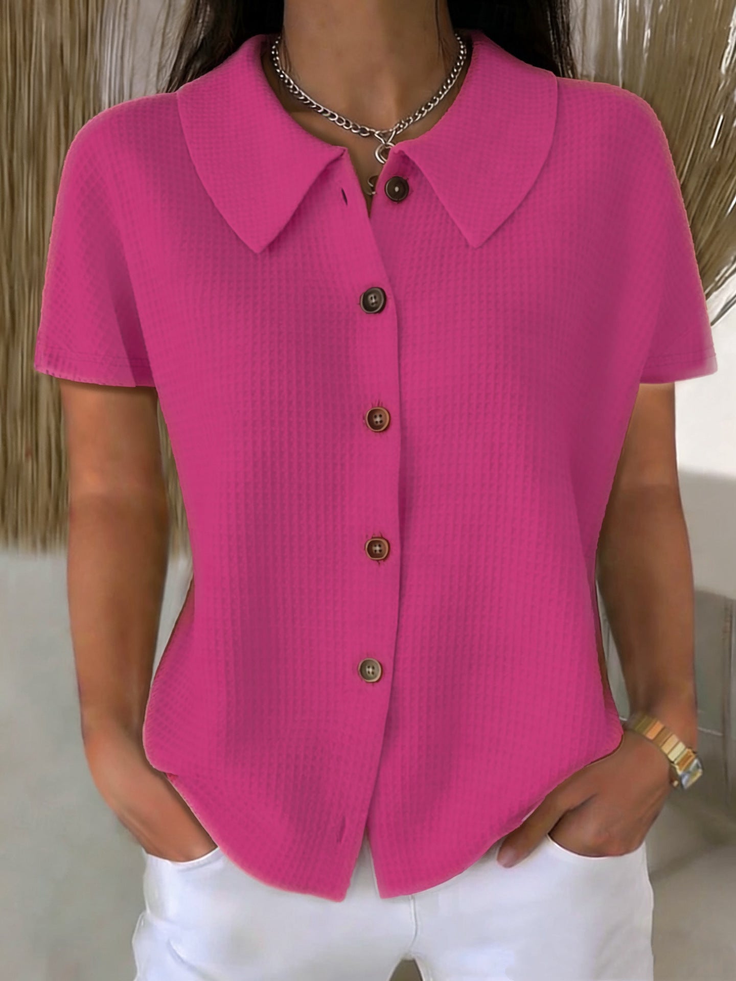 Turn-Down Collar Waffle Weave Solid Color Casual Loose Fit Short Sleeve Shirt - Women's Cotton Blend Lightweight Summer Top For Daily Wear + 🚚 Free Worldwide Shipping 🎉 Extra 30% OFF At Checkout