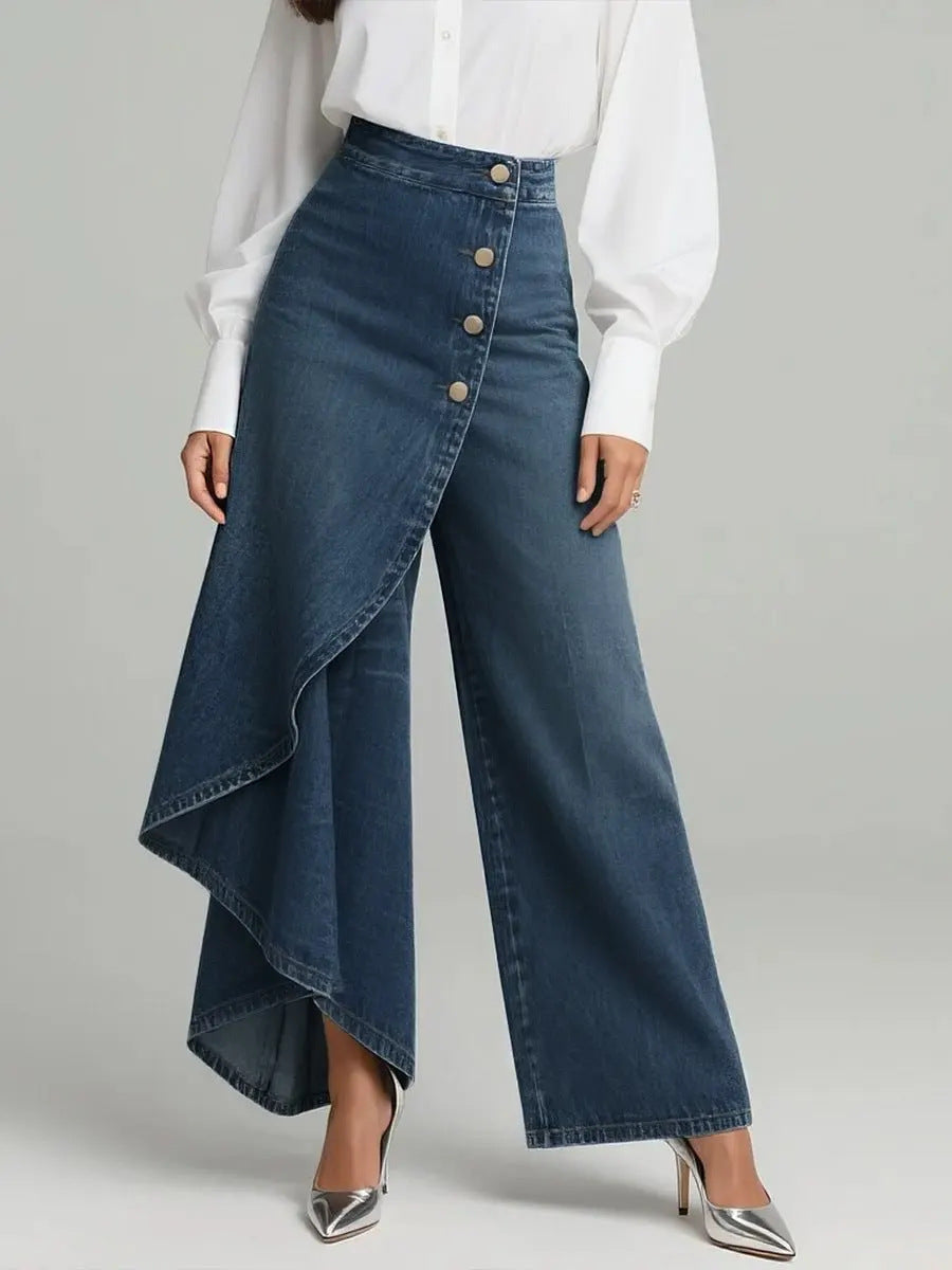 Women’s High-Waisted Straight Leg Faux Denim Pants – Ruffle Button Wide-Leg Trousers | Trendy Streetwear Jeans Alternative + 🚚 Free Worldwide Shipping 🎉 Extra 30% OFF At Checkout