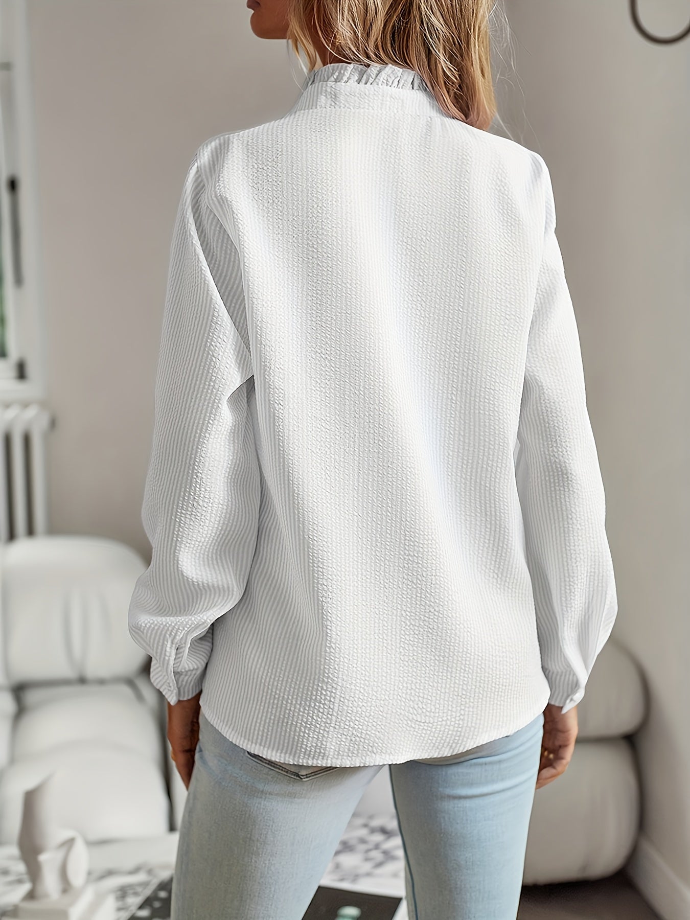 2026 New Western Style Cross-border Stand Collar Autumn Ruffled Cardigan Ruffle Long Sleeve Bubble Top Women's Shirt 🚚 Free Worldwide Shipping 🎉 Extra 30% OFF At Checkout