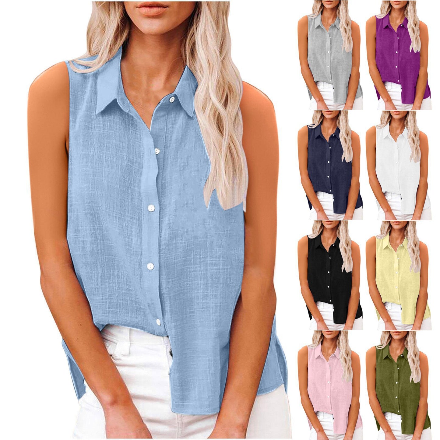 Women’s Cotton Linen Sleeveless Button Shirt – Lightweight Summer Blouse, Breathable Casual Top, Relaxed Fit + 🚚 Free Worldwide Shipping 🎉 Extra 30% OFF at Checkout