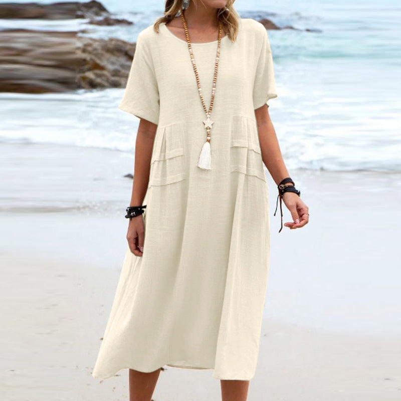 Women's Summer Loose Casual Midi Dress Breathable Cotton Linen Short-sleeve Mid-length Dresses Women Simple Beach Dress + 🚚 Free Worldwide Shipping 🎉 Extra 30% OFF At Checkout