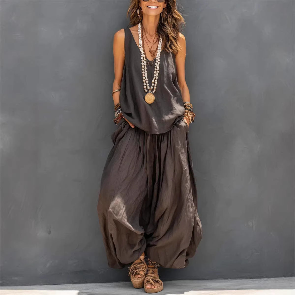 Women’s Cotton Linen Two Piece Set – Sleeveless Tank Top & Wide Leg Pants Summer Outfit (Casual Holiday Loungewear Set) + 🚚 Free Worldwide Shipping