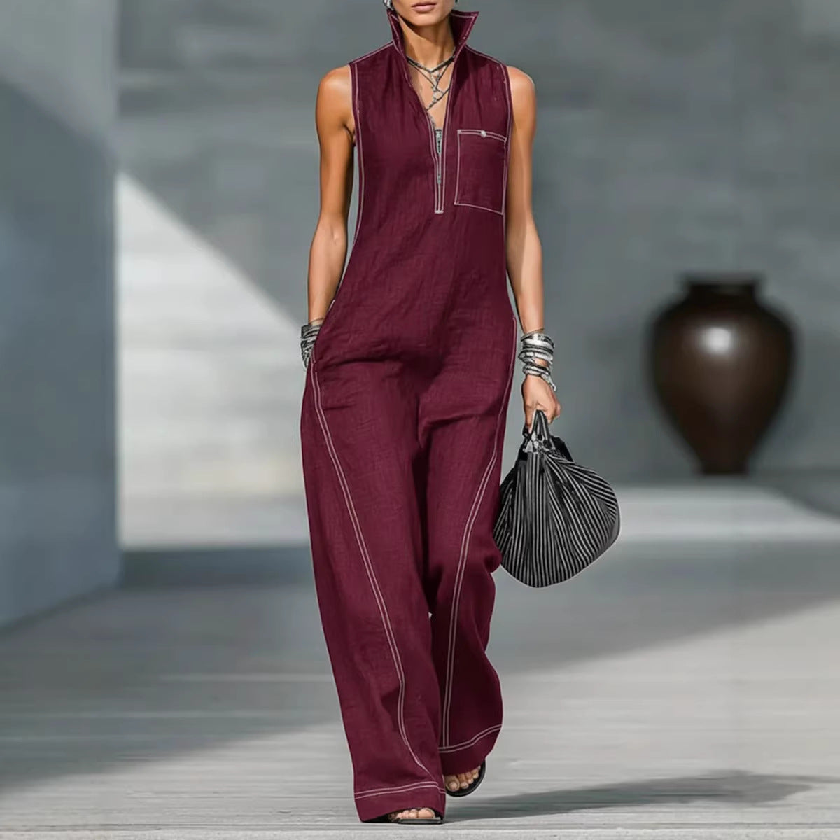 Stand-up Collar Jumpsuit With Pockets Summer Fashion Casual Sleeveless Jumpsuit Trousers Women's Clothing + 🚚 Free Worldwide Shipping 🎉 Extra 30% OFF At Checkout