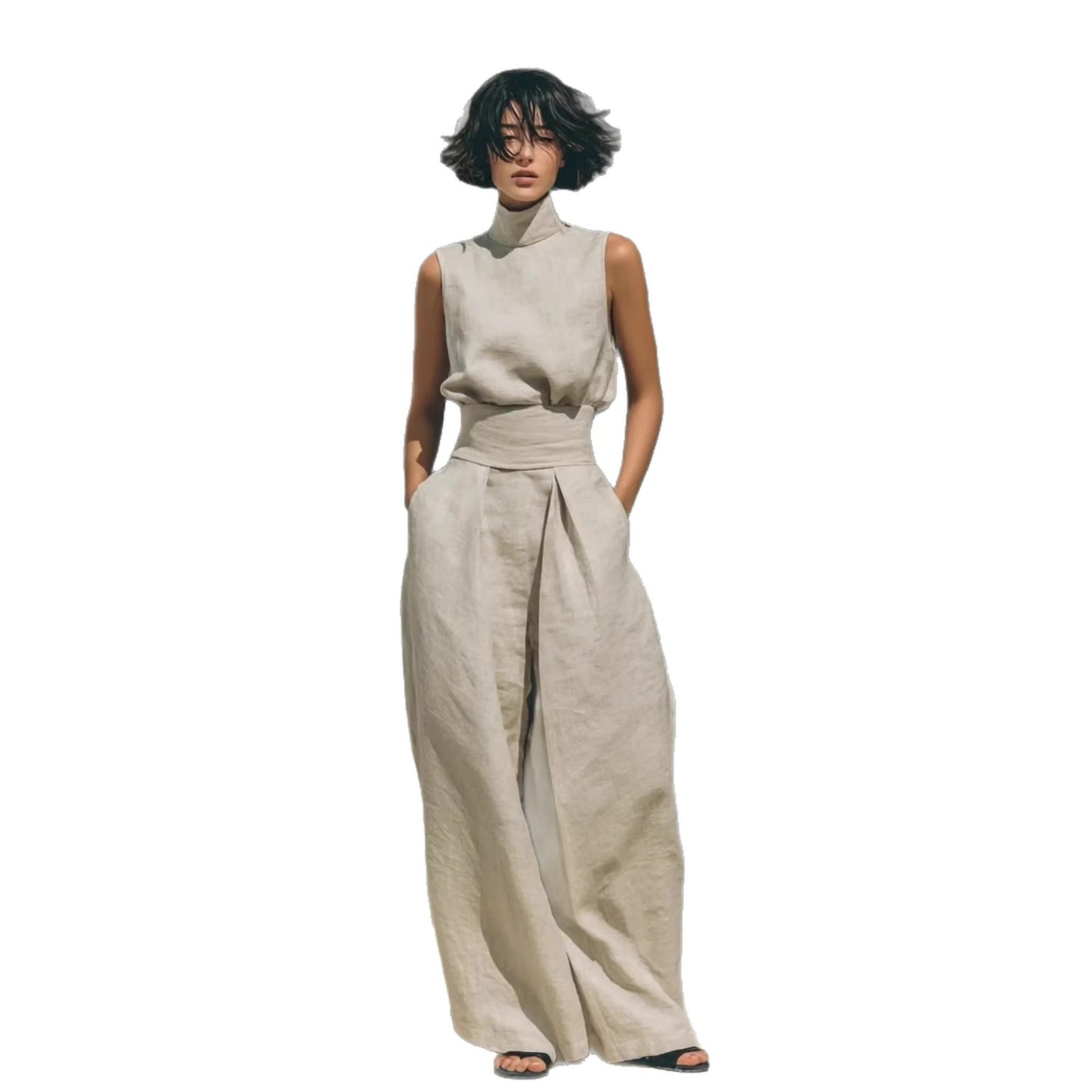 Casual Sleeveless Suit Summer Stand-up Collar Pullover Top And Loose Straight-leg Trousers Women's Clothing + 🚚 Free Worldwide Shipping 🎉 Extra 30% OFF At Checkout
