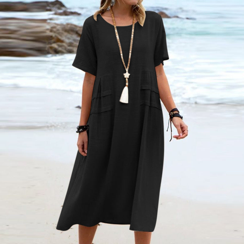 Women's Summer Loose Casual Midi Dress Breathable Cotton Linen Short-sleeve Mid-length Dresses Women Simple Beach Dress + 🚚 Free Worldwide Shipping 🎉 Extra 30% OFF At Checkout