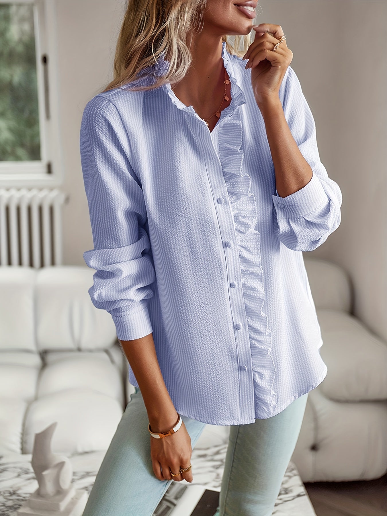 2026 New Western Style Cross-border Stand Collar Autumn Ruffled Cardigan Ruffle Long Sleeve Bubble Top Women's Shirt 🚚 Free Worldwide Shipping 🎉 Extra 30% OFF At Checkout