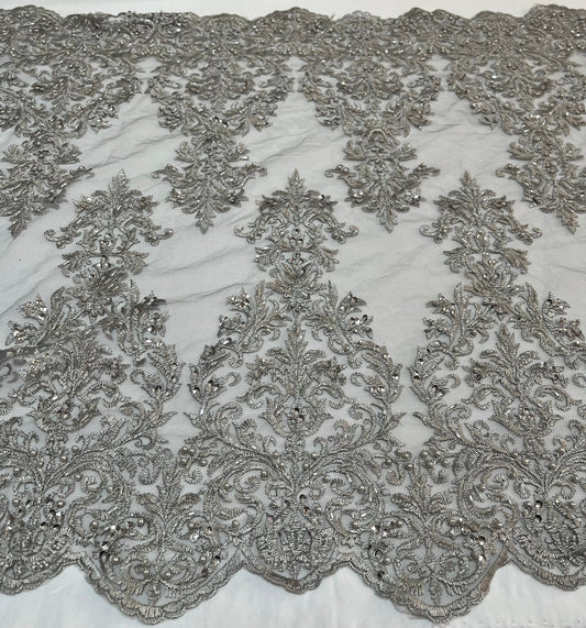 NEW High Class Double Border Damask Grey Embroidered Bead Pearl Sequins Net Trim / Trimming