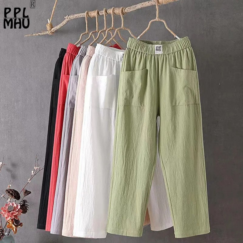 New Candy Colours Cotton Linen Pants Women Elastic High Waist Summer Casual Trousers M-4XL Basic Ankle Length (Please Read Description)