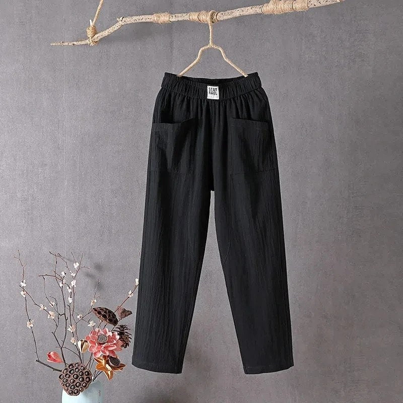 New Candy Colours Cotton Linen Pants Women Elastic High Waist Summer Casual Trousers M-4XL Basic Ankle Length (Please Read Description)