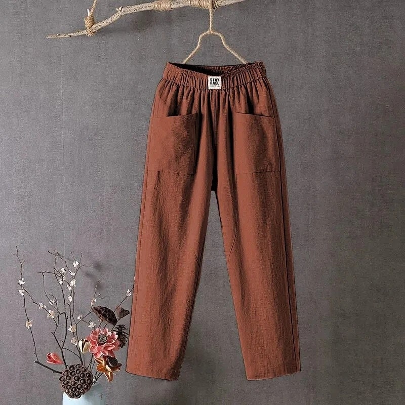 New Candy Colours Cotton Linen Pants Women Elastic High Waist Summer Casual Trousers M-4XL Basic Ankle Length (Please Read Description)