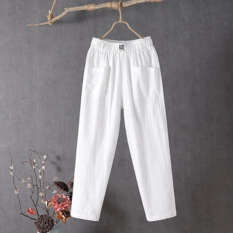 New Candy Colours Cotton Linen Pants Women Elastic High Waist Summer Casual Trousers M-4XL Basic Ankle Length (Please Read Description)