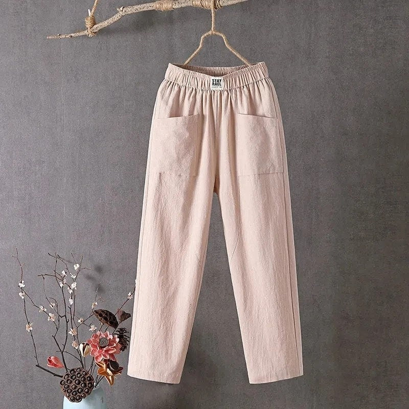 New Candy Colours Cotton Linen Pants Women Elastic High Waist Summer Casual Trousers M-4XL Basic Ankle Length (Please Read Description)