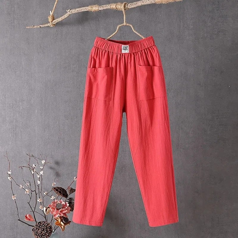 New Candy Colours Cotton Linen Pants Women Elastic High Waist Summer Casual Trousers M-4XL Basic Ankle Length (Please Read Description)