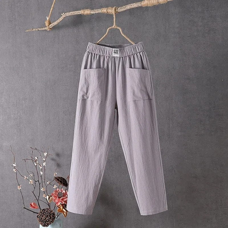 New Candy Colours Cotton Linen Pants Women Elastic High Waist Summer Casual Trousers M-4XL Basic Ankle Length (Please Read Description)