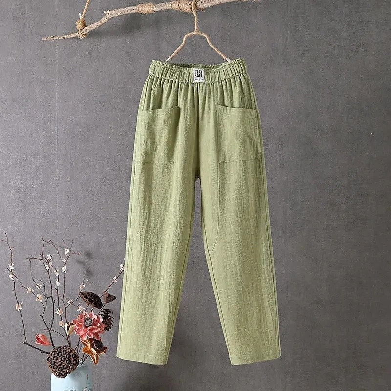 New Candy Colours Cotton Linen Pants Women Elastic High Waist Summer Casual Trousers M-4XL Basic Ankle Length (Please Read Description)