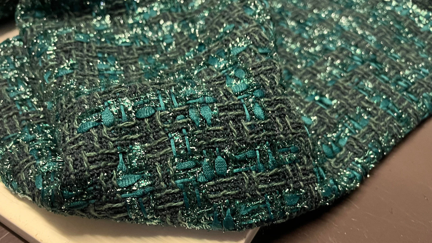 NEW High Class Shades Of Emerald Green Shiny Couture Check Wool Tweed Boucle Fabric