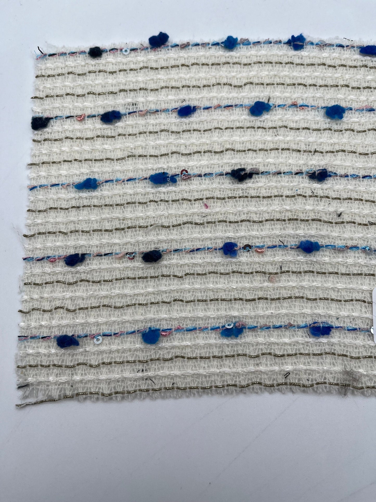 NEW High Class Cream White Gold And Shades of Blue Pom Pom Stripe Sequins Couture Tweed Boucle Fabric (Read Description)