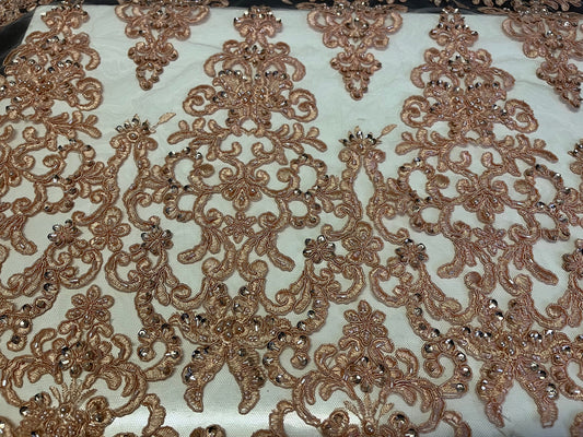 NEW High Class Double Border Damask  Embroidered Bead Pearl Sequins Corded Net Trim / Trimming