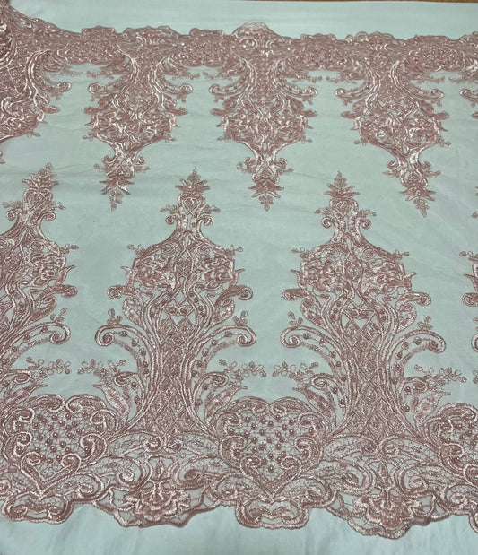 NEW High Class Double Border Damask Baby Pink Embroidered Bead Pearl Sequins Net Trim / Trimming