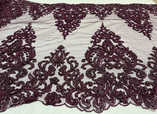 NEW High Class Double Border Damask Plum Embroidered Bead Pearl Sequins Corded Net Trim / Trimming