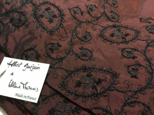 NEW Haute 100% Pure Fine Silk Taffeta Fine Floral Metallic Embroidery Fabric Made In France By Albert Guegain