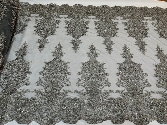 NEW High Class Double Border Damask Grey Embroidered Bead Pearl Sequins Net Trim / Trimming