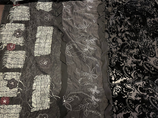 NEW High Class Velvet Devore Embroidered Floral Lace Tweed Boucle Lurex Ruffle All In One Fabric