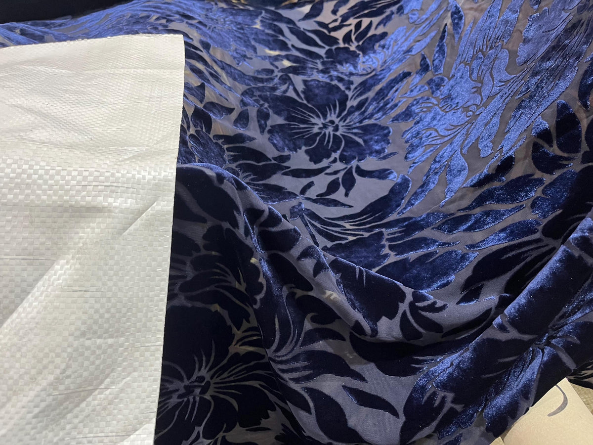 NEW High Class Navy Caspian Viscose Silk Velvet Floral Devore Fabric
