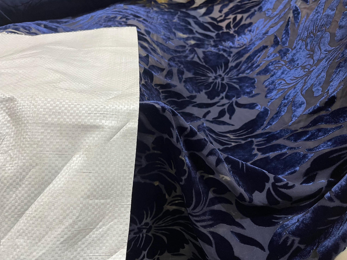 NEW High Class Navy Caspian Viscose Silk Velvet Floral Devore Fabric