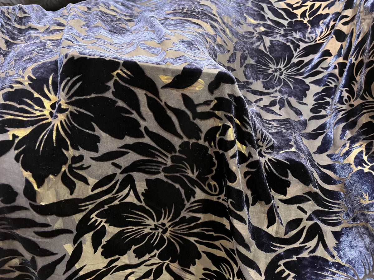 NEW High Class Navy Caspian Viscose Silk Velvet Floral Devore Fabric