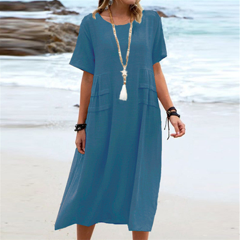 Women's Summer Loose Casual Midi Dress Breathable Cotton Linen Short-sleeve Mid-length Dresses Women Simple Beach Dress + 🚚 Free Worldwide Shipping 🎉 Extra 30% OFF At Checkout