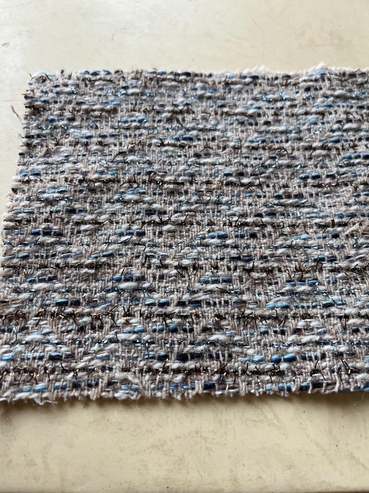 NEW High Class Wool Cashmere Natural Cream Metallic Blue and Bronze Eyelash Zig Zag Couture Tweed Boucle Fabric (Read Description) (SOLD OUT