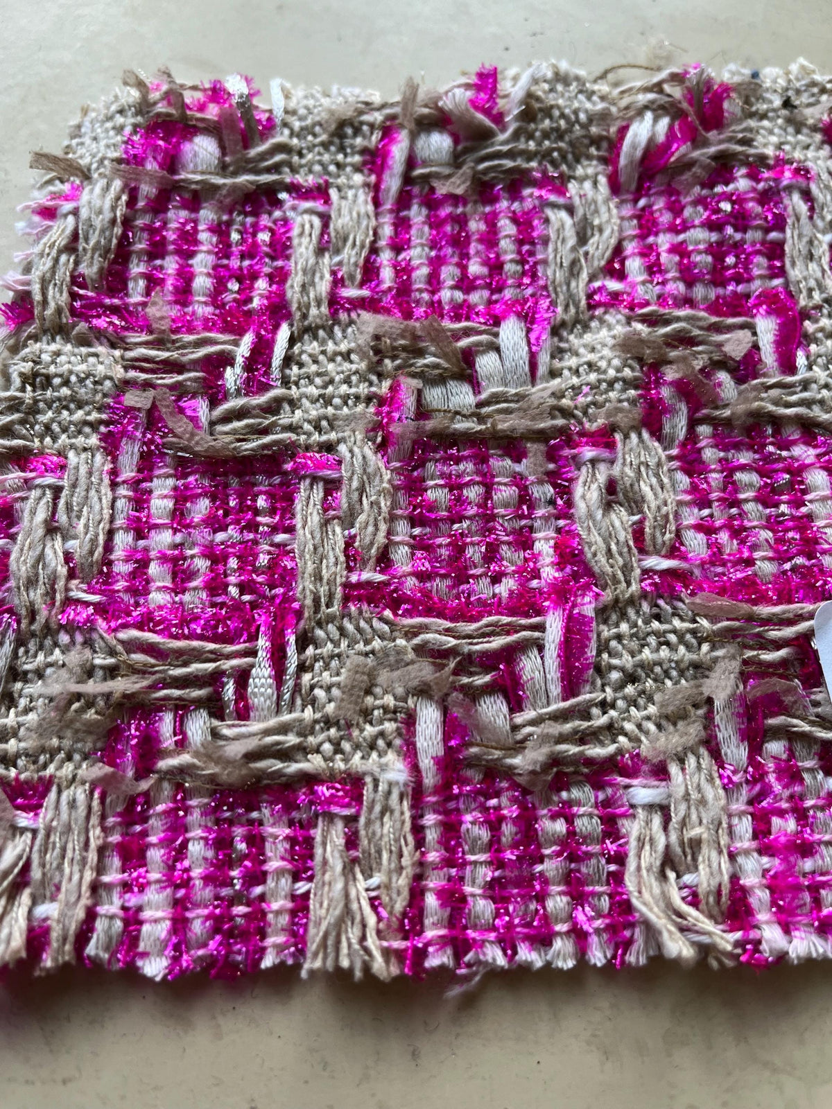 NEW High Class Metallic Hot Pink White Neutral Houndstooth Couture Tweed Boucle Fabric (Read Description)